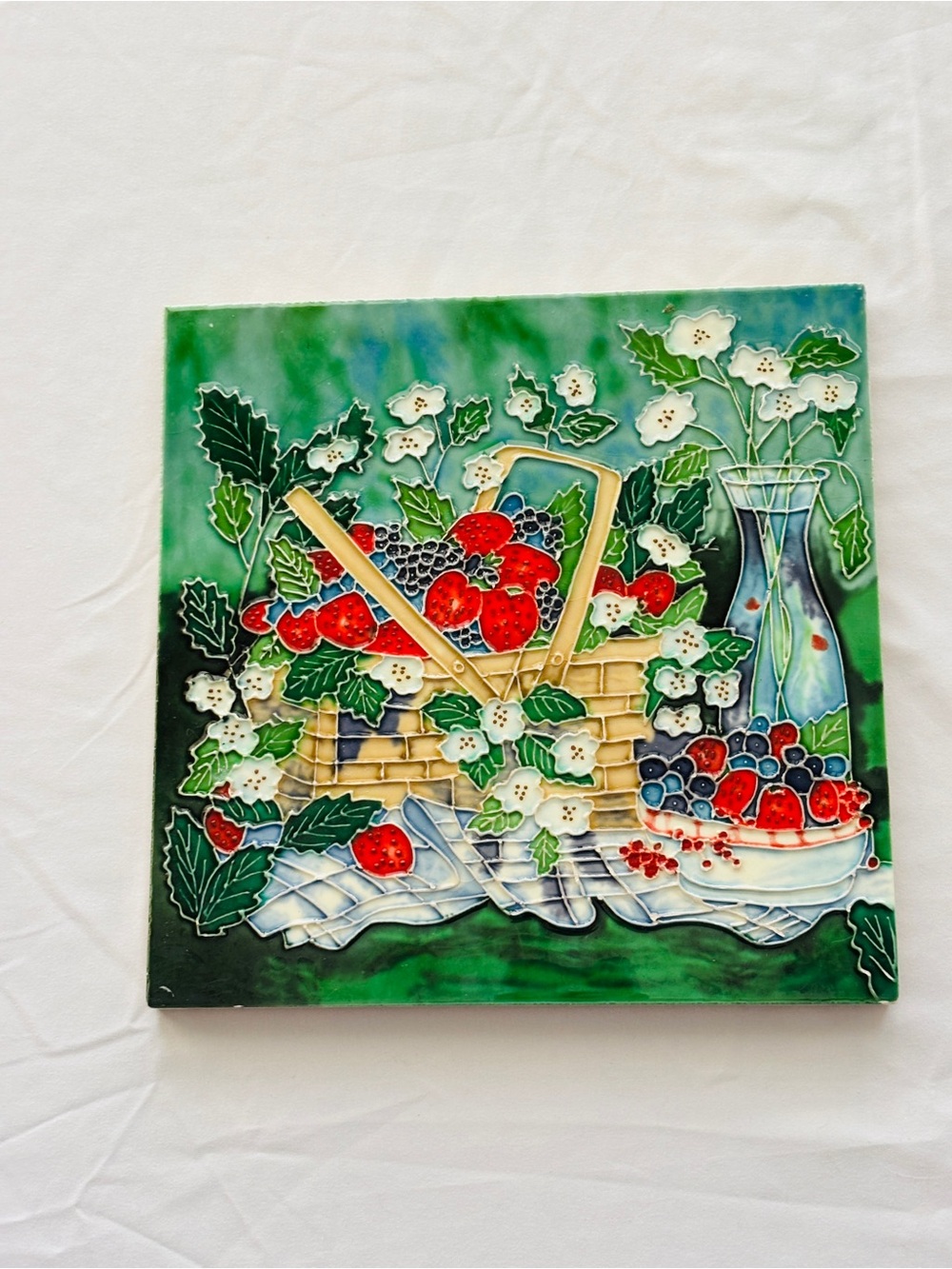 Decorative Tile or Trivet 
Strawberries & Floral Ceramic & Manmade